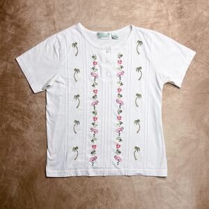 Shenanigans Vintage Flamingo Embroidered Shirt White Short Sleeve Palm Tree 90s